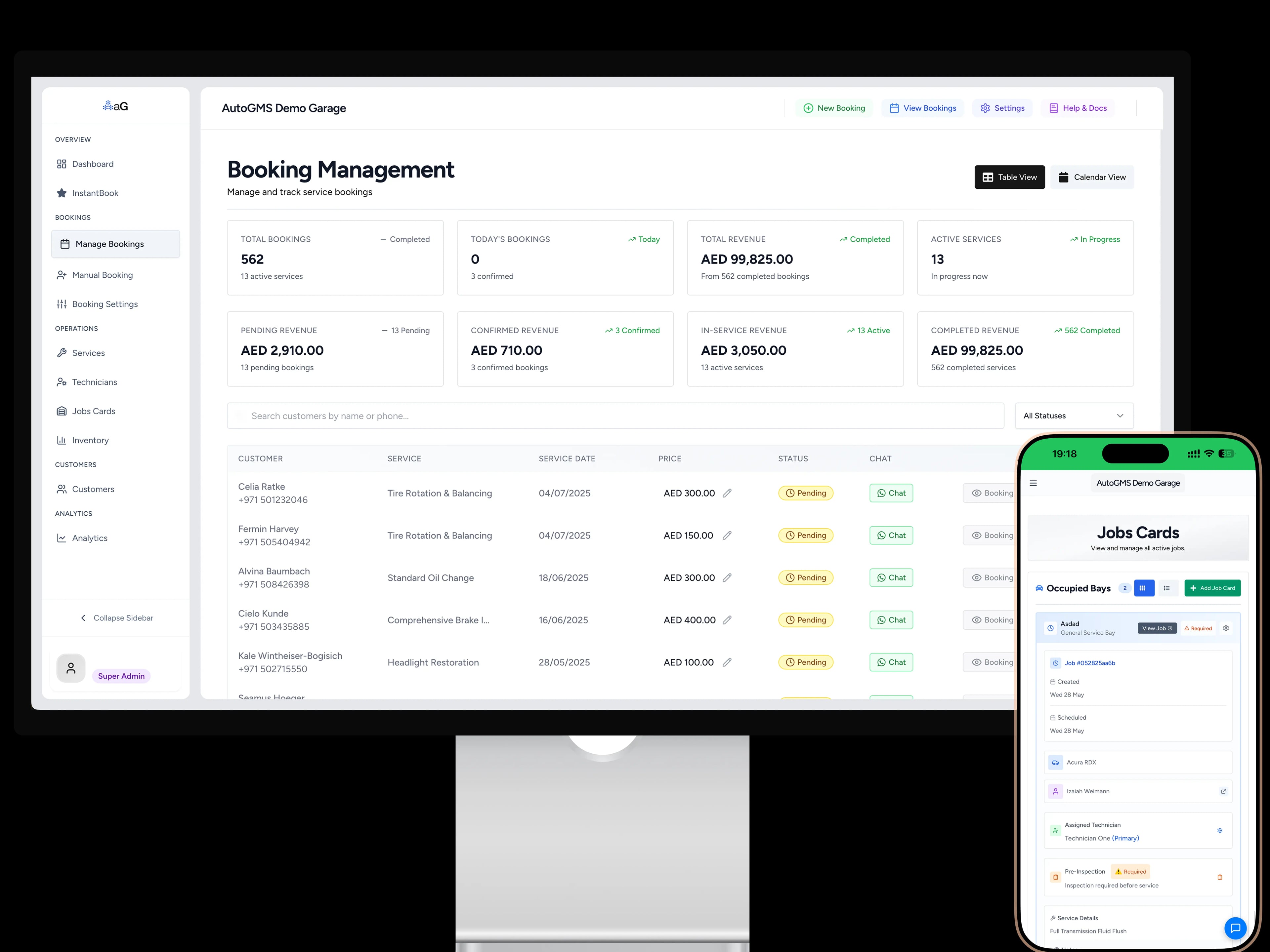 AutoGMS - Complete Garage Management Software for Auto Repair Shops AutoGMS garage management software interface on desktop, tablet and mobile devices showing booking management dashboard, job scheduling, customer database, and revenue analytics for auto repair shops